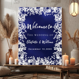 Poster Navy blue snowflakes wedding welcome sign