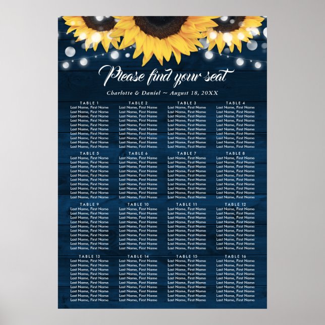 Poster Navy Blue Sunflower Wedding Seating Chart 16 (Frente)