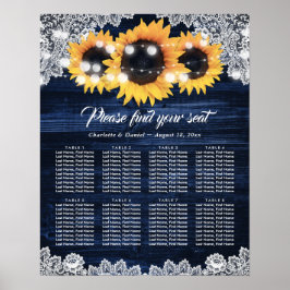 Poster Navy Blue Wood Lace Sunflower Rustic Seating Chart