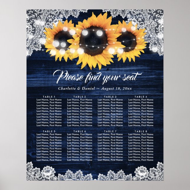 Poster Navy Blue Wood Lace Sunflower Rustic Seating Chart (Frente)