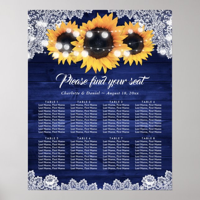 Poster Navy Blue Wood Lace Sunflower Seating Chart (Frente)
