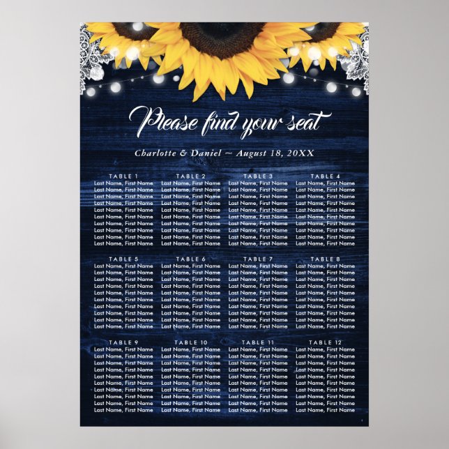 Poster Navy Blue Wood Sunflower Wedding Seating Chart 12 (Frente)