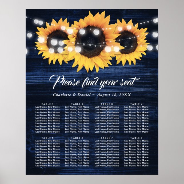 Poster Navy Blue Wood Sunflower Wedding Seating Chart 8 (Frente)