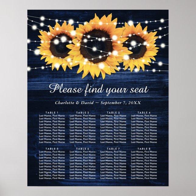 Poster Navy Blue Wood Sunflower Wedding Seating Plan 8 (Frente)