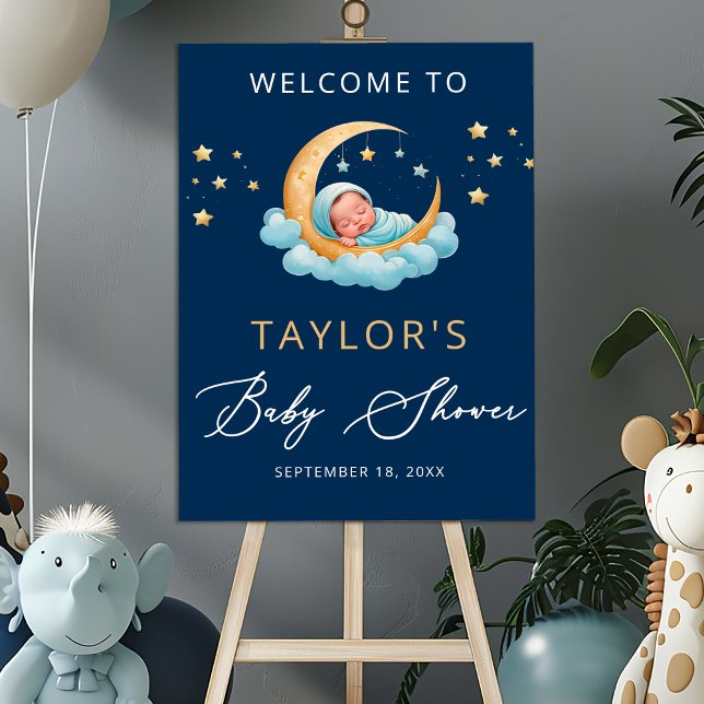 Poster Navy Celestial Moon Stars Baby Shower Welcome Sign (Criador carregado)