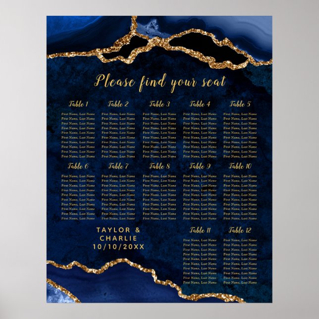 Poster Navy Gold Agate Wedding Seating Chart 12 Table (Frente)