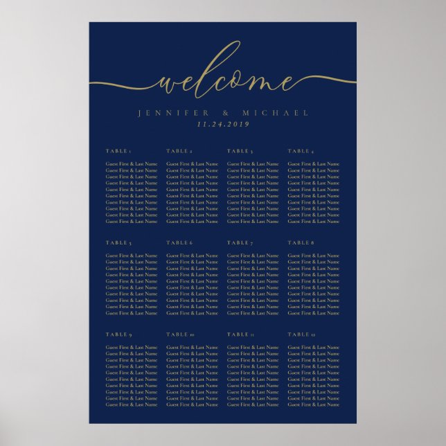 Poster Navy Gold Seating Plan Table Numbers Welcome (Frente)