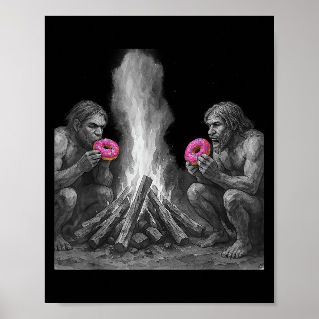 Poster Neandertais Comem Rosquinhas Engraçadas Pelo Fogo (Frente)