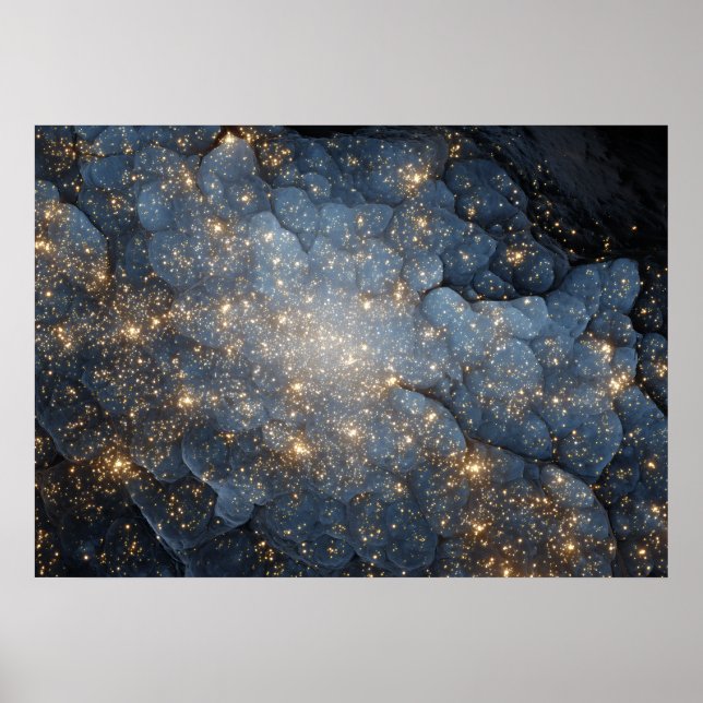 Poster Nebulosa Dourada Brilha Cosmos Azul Meia-Noite (Frente)