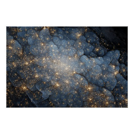 Pôster Nebulosa Dourada Brilha Cosmos Azul Meia-Noite