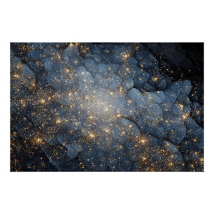 Pôster Nebulosa Dourada Brilha Cosmos Azul Meia-Noite