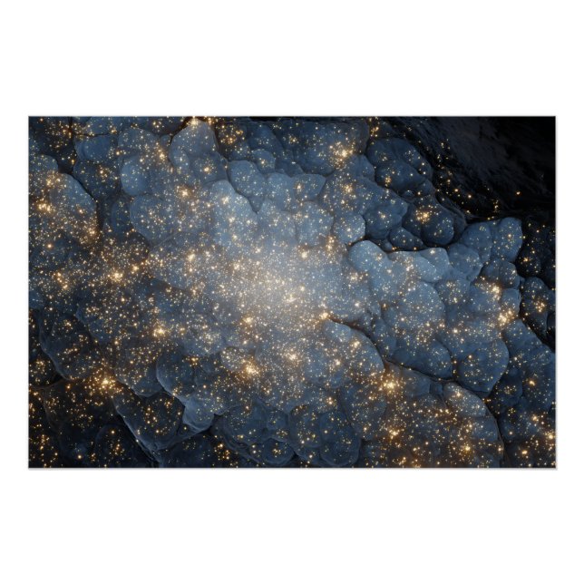 Pôster Nebulosa Dourada Brilha Cosmos Azul Meia-Noite (Frente)