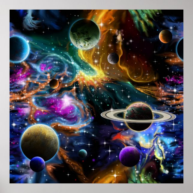 Poster Nebulosa Espacial com Planetas e Estrelas (Frente)