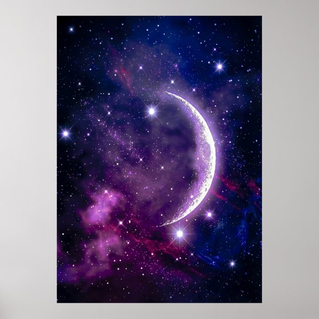Poster Nebulosa Mística da Lua Crescente Cósmica Roxa (Frente)