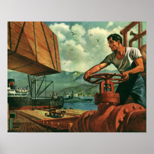 Pôster Negócios Vintage, Navio Petroleiro com Trabalhador