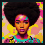 Pôster Negra Colorida Mulher Negra Afro-Pop Art<br><div class="desc">Este trabalho de arte do estilo pop art apresenta uma bela mulher negra com uma grande estética afro, 70 com um pouco de poder floral e brincos. Uma beleza de melanina vibrante com cabelo natural numa obra de arte digital arrojada e multicolor. Ciano, magenta cor-de-rosa e amarelo com algum pêssego....</div>
