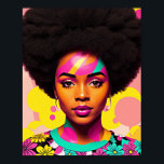Poster Negra Colorida Mulher Negra Afro-Pop Art<br><div class="desc">Este trabalho de arte do estilo pop art apresenta uma bela mulher negra com uma grande estética afro, 70 com um pouco de poder floral e brincos. Uma beleza de melanina vibrante com cabelo natural numa obra de arte digital arrojada e multicolor. Ciano, magenta cor-de-rosa e amarelo com algum pêssego....</div>