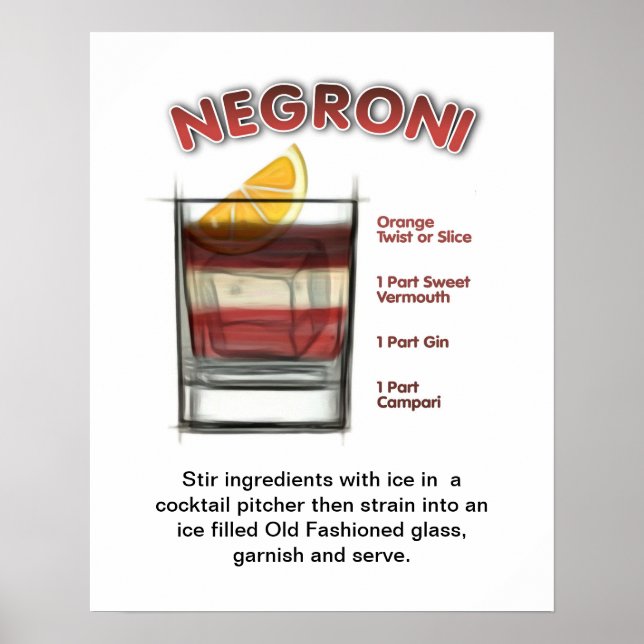 Poster NEGRONI 16" x 20" Cocktail Recebe Arte (Frente)