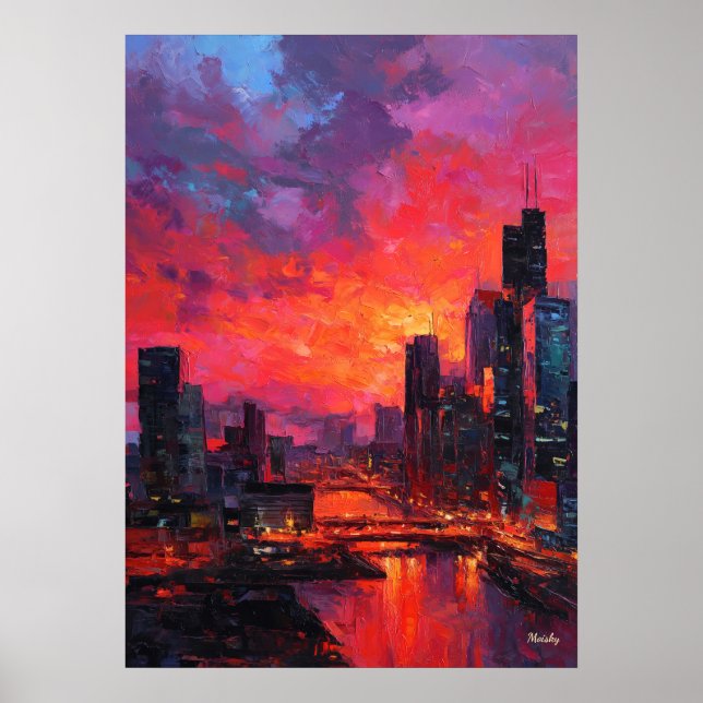 Poster Neo Expressionist Bangkok Skyline Vibrant Sunset (Frente)