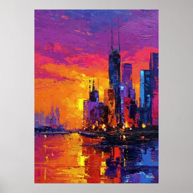 Poster Neo Expressionist Mumbai Skyline Vibrant Sunset (Frente)