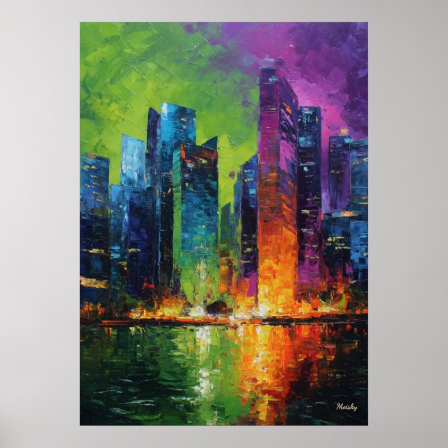 Poster Neo Expressionist Singapore Skyline Vibrant Sunset (Frente)