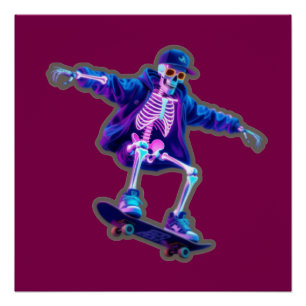 Pôster Neon 3D Esqueleto de Skate – Roupas de Rua Diverti