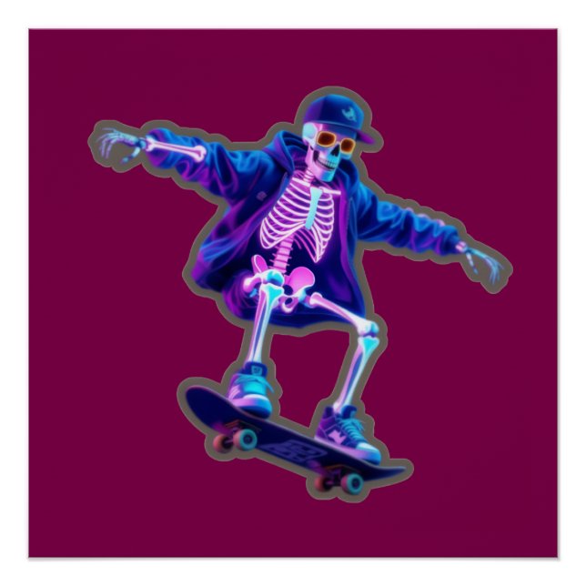 Pôster Neon 3D Skeleton Skateboarding – Funny Streetwear  (Frente)