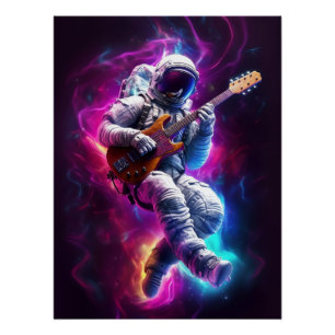 Pôster Neon Astronauta Tocando Violão em Galáxia