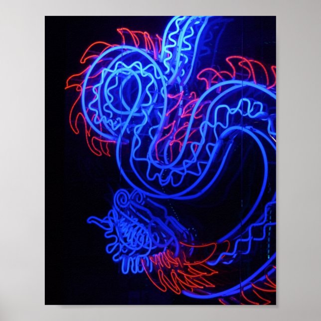 Poster Neon Blue Dragon Black Background Bright (Frente)