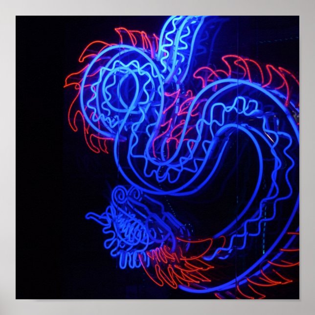 Poster Neon Blue Dragon Black Background Bright (Frente)