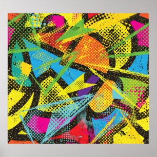Poster Néon Chaótico: Padrão de Grafite Abstrato.