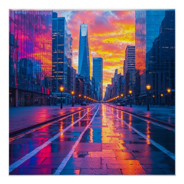 Pôster Neon Cityscape na Urbana Futurística Sunset (Frente)
