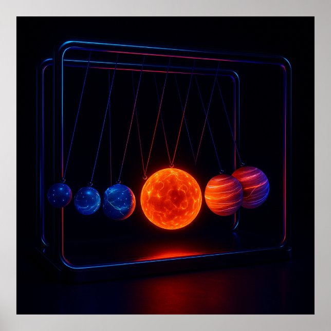 Poster Neon Cosmic Cradle – Futuristic Planet Balance Art (Frente)