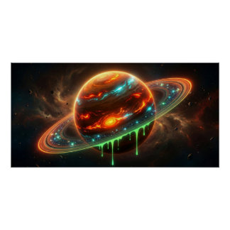 Pôster Neon Cosmic Planet – Dripping Galaxy Art | Glossy 