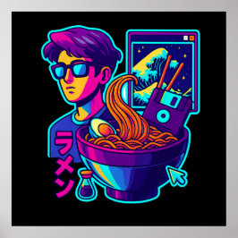 Poster Neon Cyber Ramen - Vaporwave - Arte Estética Retro