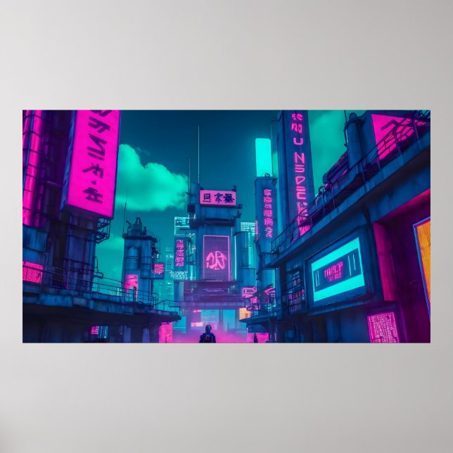 Poster Neon Cyberpunk Cityscape Gamer Wall Art (Frente)