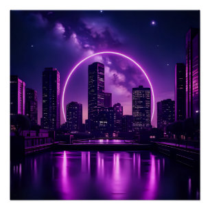 Pôster Neon Cyberpunk Cityscape - Roxo futurístico