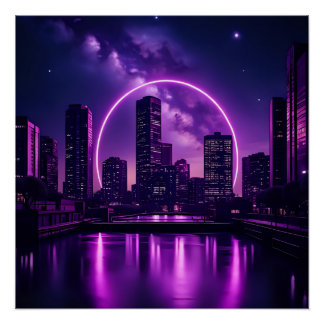 Pôster Neon Cyberpunk Cityscape - Roxo futurístico