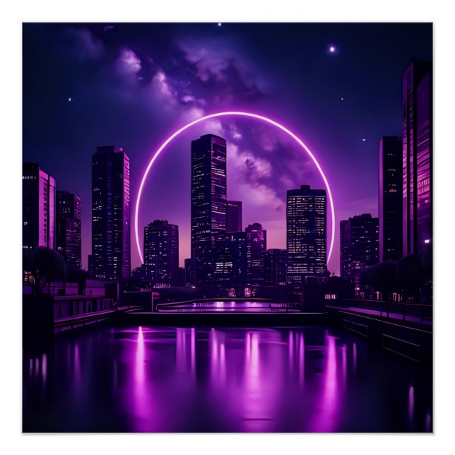 Pôster Neon Cyberpunk Cityscape - Roxo futurístico (Frente)