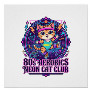 Pôster Neon do Gato dos Anos 80 Aeróbica - Design Diverti