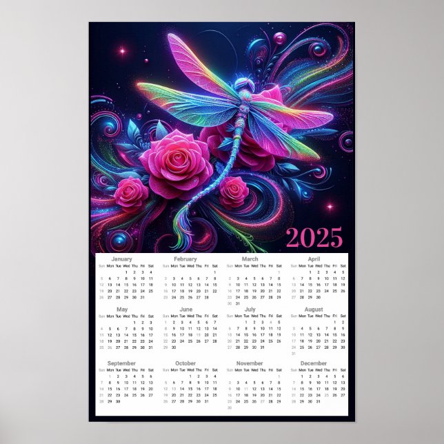 Poster Neon Dragonfly e Rosas 2025 Calendar (Frente)
