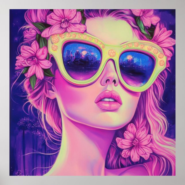 Poster Neon Dream Girl com óculos de sol florais (Frente)