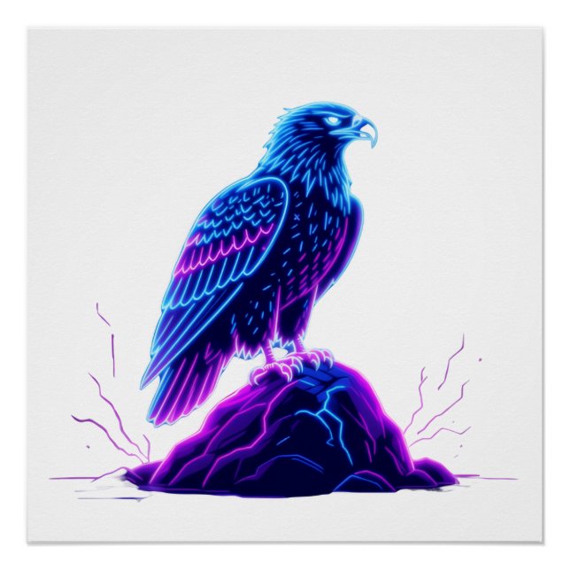 Pôster Neon Eagle on Glowing Rock – Cyberpunk Style (Frente)