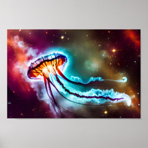 Poster Neon Electric Cosmic Jellyfish Stars em órbita