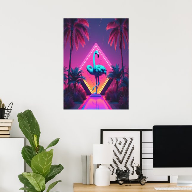 Poster Neon Flamingo Palm Trees Vaporwave Aestético (Escritório em casa)