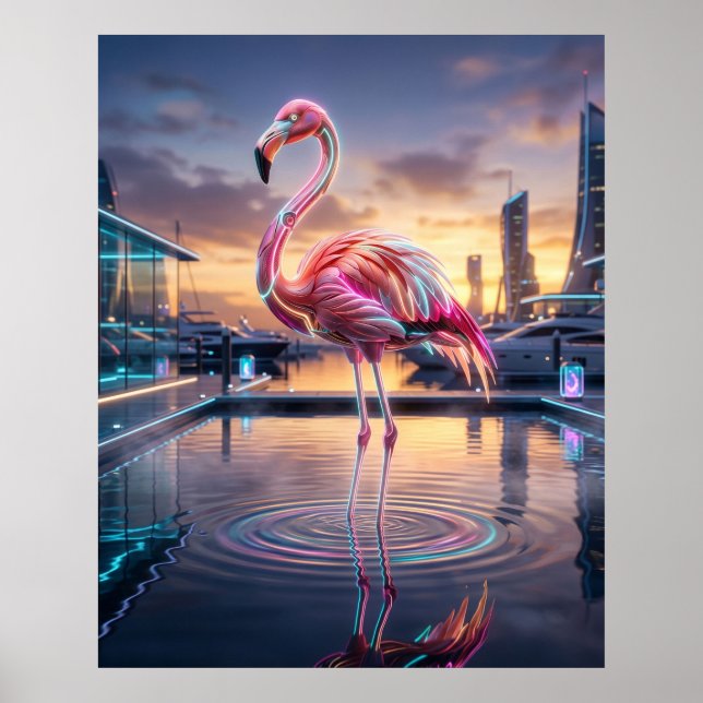 Poster Neon Flamingo Sunset Marina (Frente)