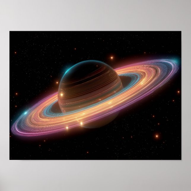 Poster Neon Galactic Ring Planet Digital Art Cosmic  (Frente)