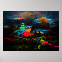 Poster Neon Ghosts em uma paisagem fantasia assombrada