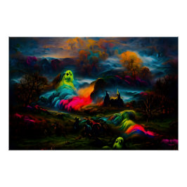 Pôster Neon Ghosts em uma paisagem fantasia assombrada