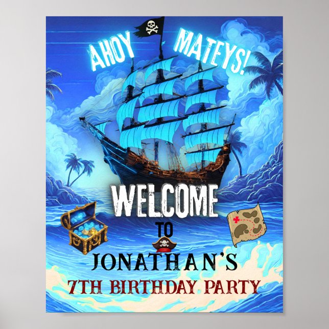 Poster Neon Glow Pirate Navio Ahoy Matey Bem-vindo (Frente)